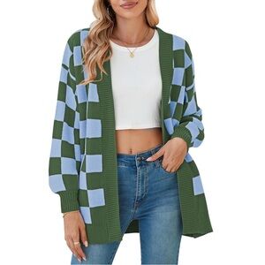 Star Blvd - Oversized Checkerboard Cardigan in Green + Blue